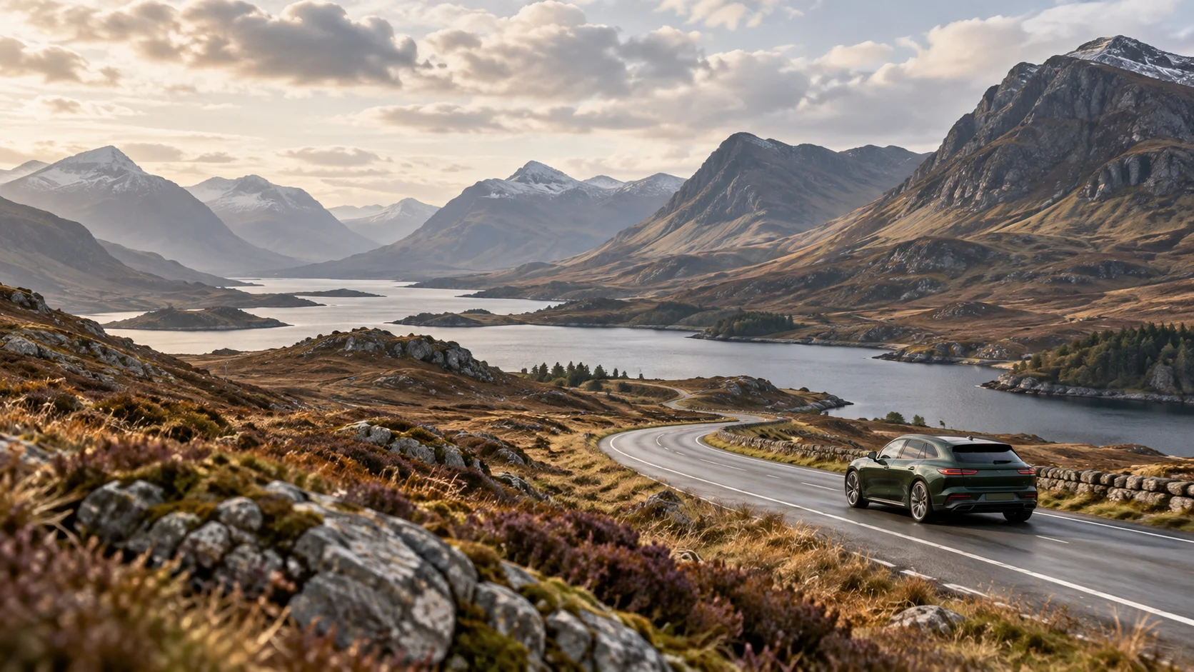 Modern green car on a winding road through the Scottish Highlands