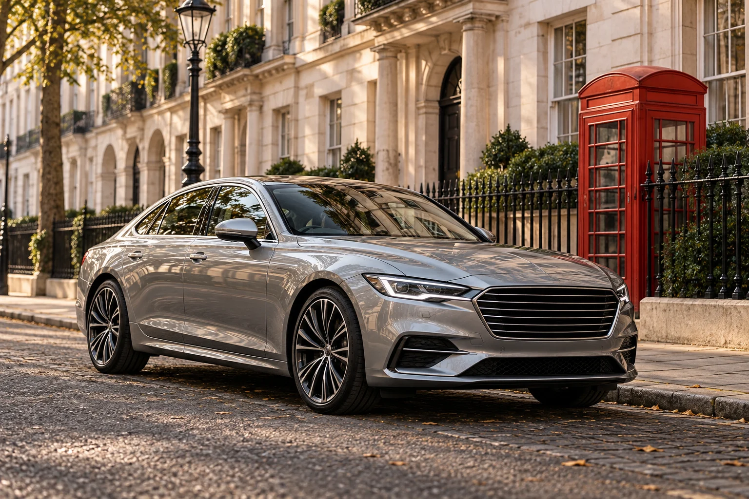 Silver premium car on a London street beside Georgian architecture and a red telephone box